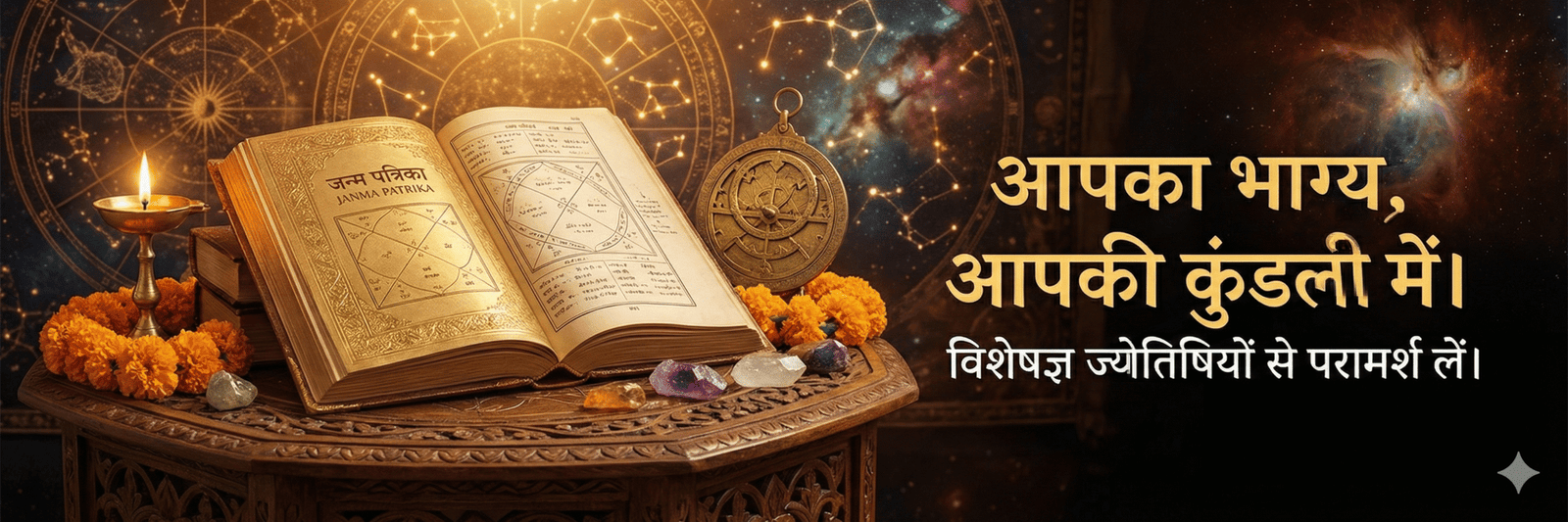 In this image, a horoscope chart is placed on a round table, along with a burning lamp.