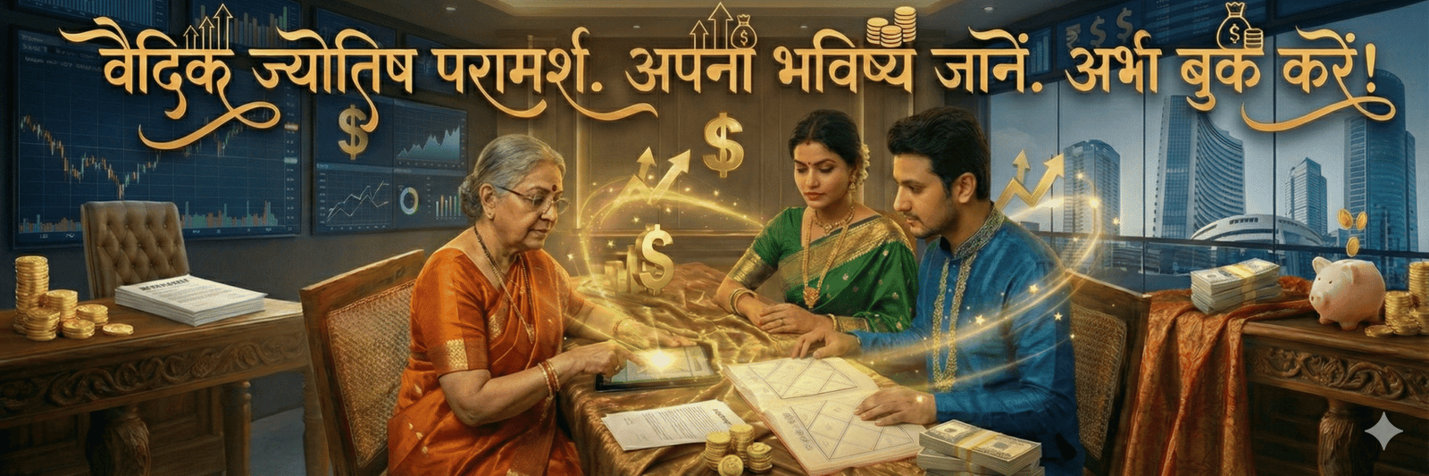 In this image, a couple has come to a female astrologer to have their birth charts read.