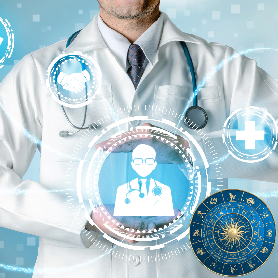 This image shows a doctor along with the zodiac signs.