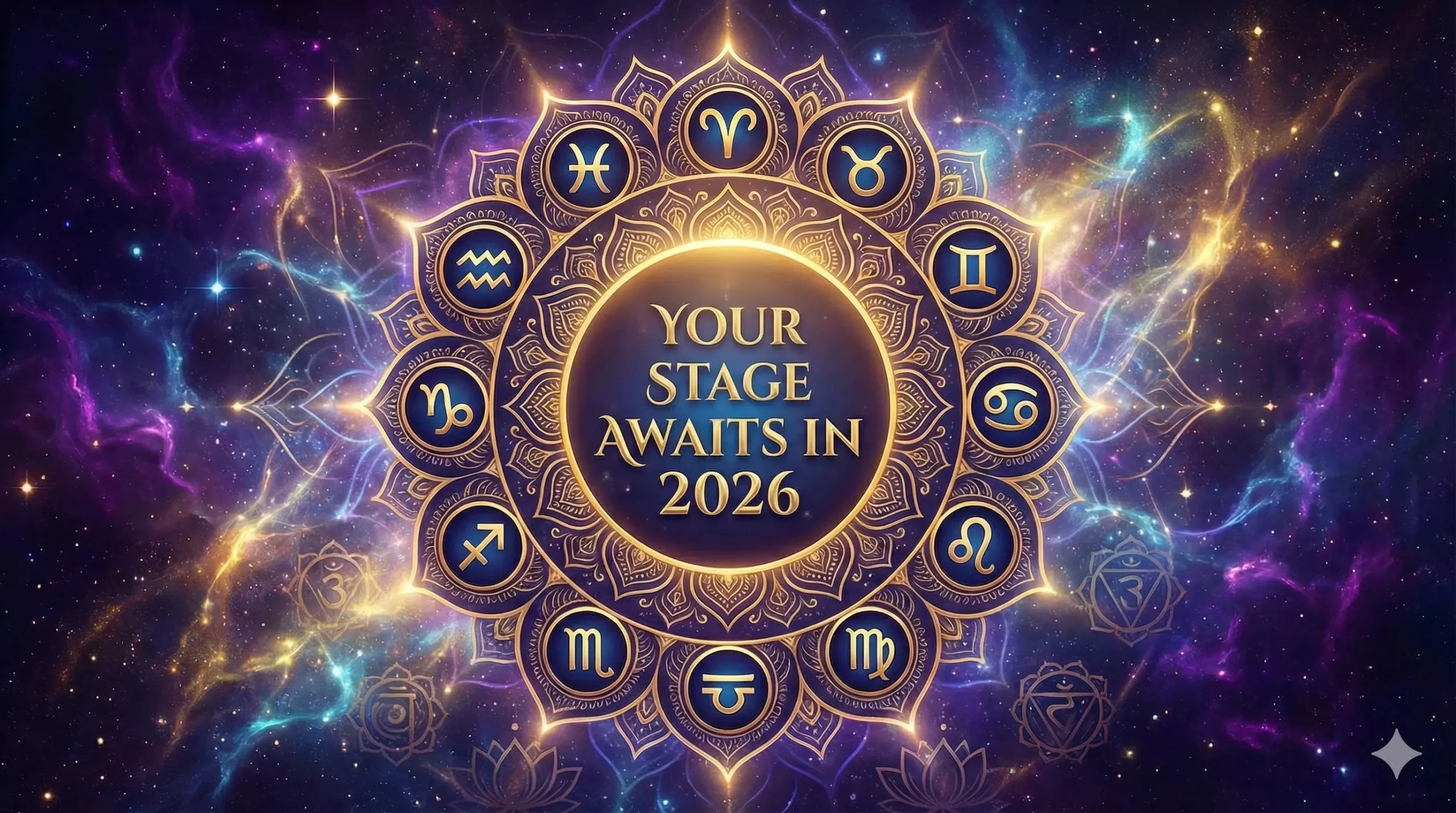 “2026 वार्षिक राशिफल – सभी 12 राशियों का भविष्यफल का चित्र, ज्योतिषीय मंडल, 2026 zodiac wheel, Indian astrology cosmic design”