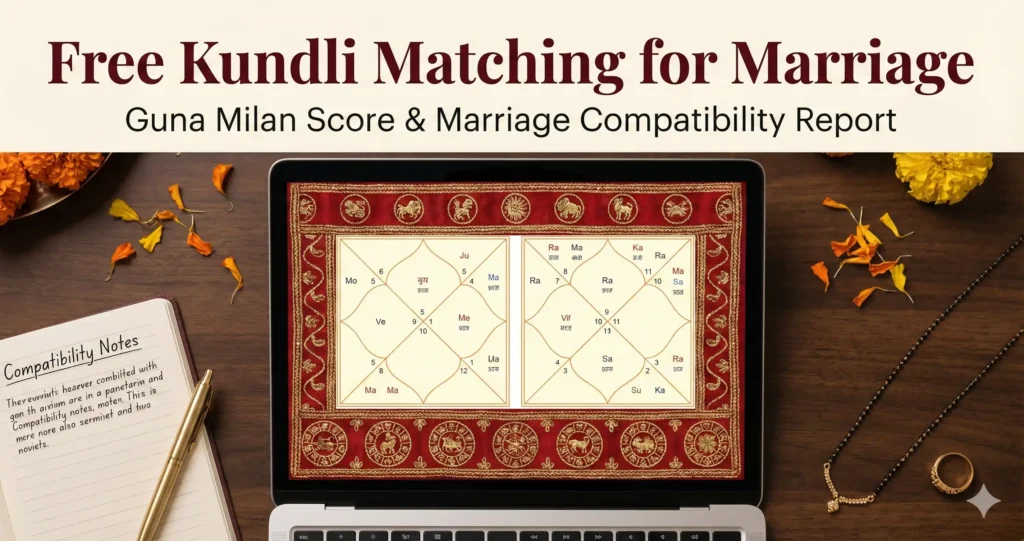 Free Kundli Matching for Marriage — digital kundli charts, zodiac wheel and guna milan compatibility theme