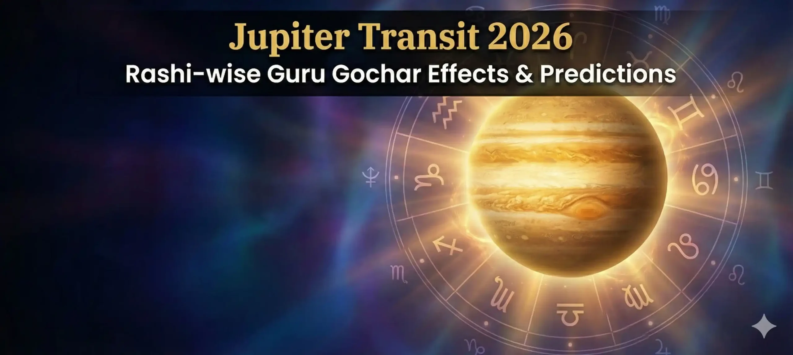 "Jupiter Transit 2026 with glowing Jupiter and zodiac signs illustrated in a cosmic background"