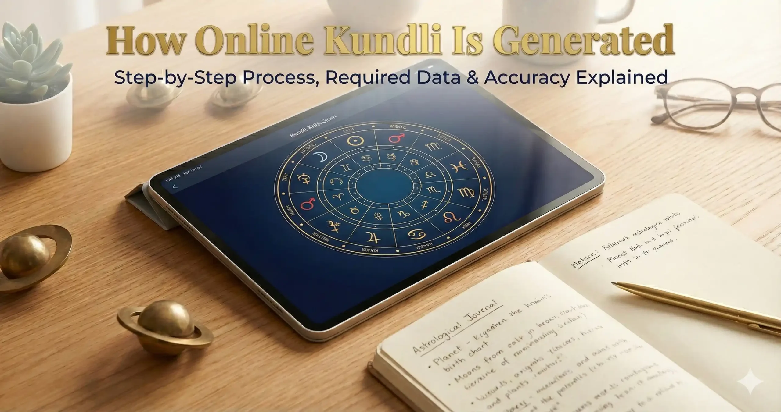 How online Kundli is generated — digital birth chart on laptop with zodiac wheel and planets