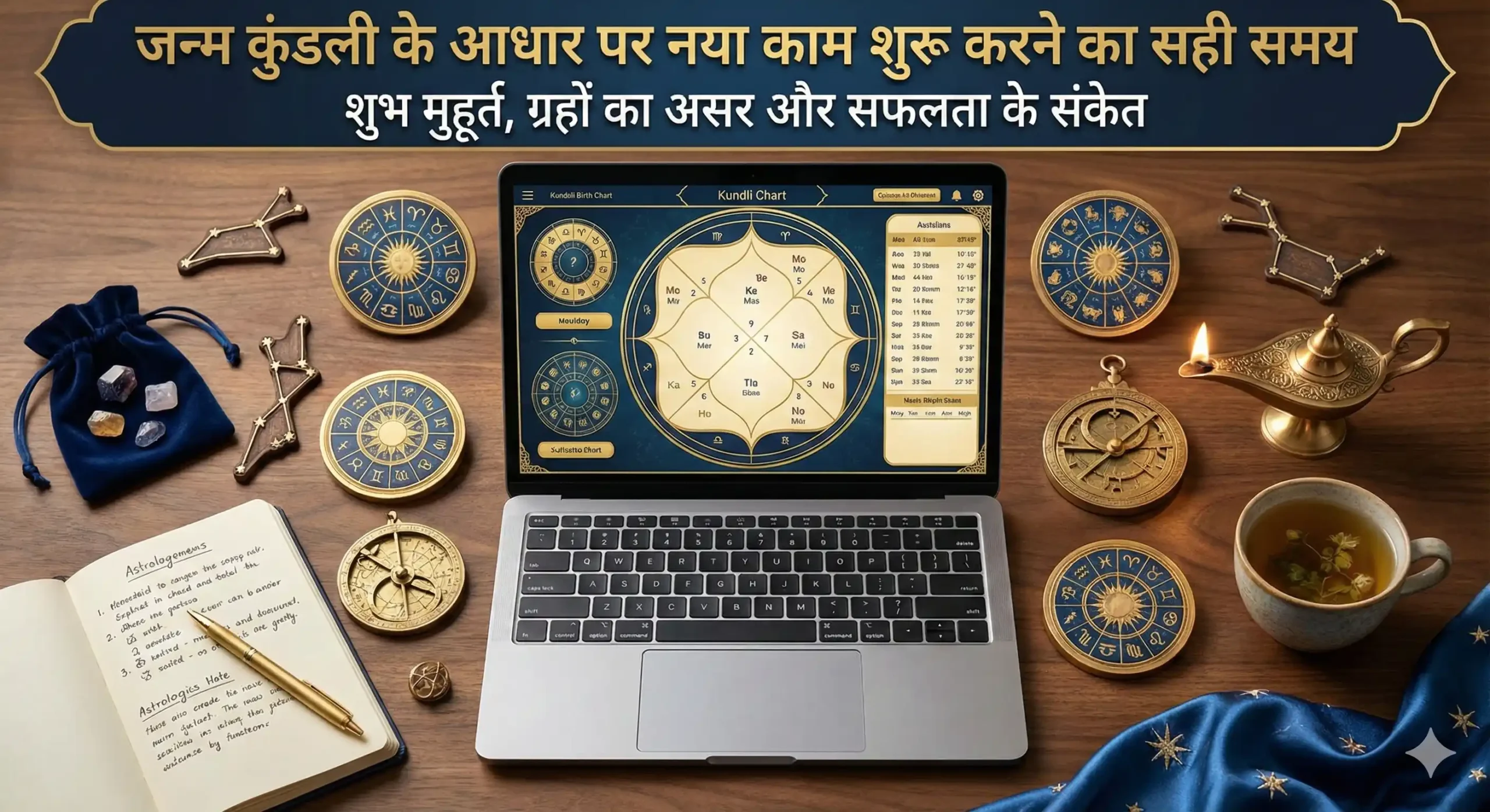 डिजिटल जन्म कुंडली और राशिचक्र के साथ नया काम शुरू करने का शुभ समय — लैपटॉप स्क्रीन पर ज्योतिषीय कुंडली
