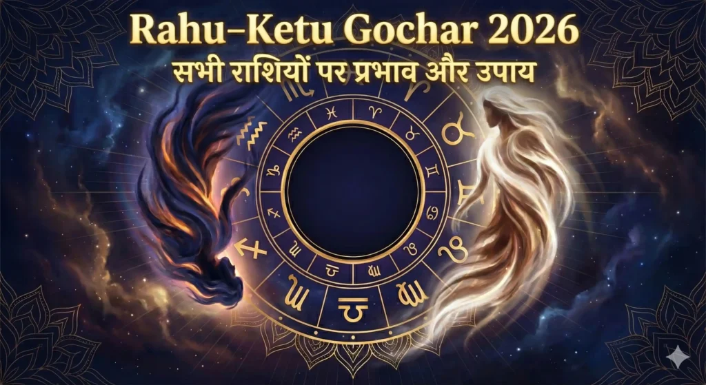 Rahu Ketu Gochar 2026 illustration featuring zodiac wheel, cosmic background, and astrological symbols showing the effects of Rahu and Ketu transit on all zodiac signs.