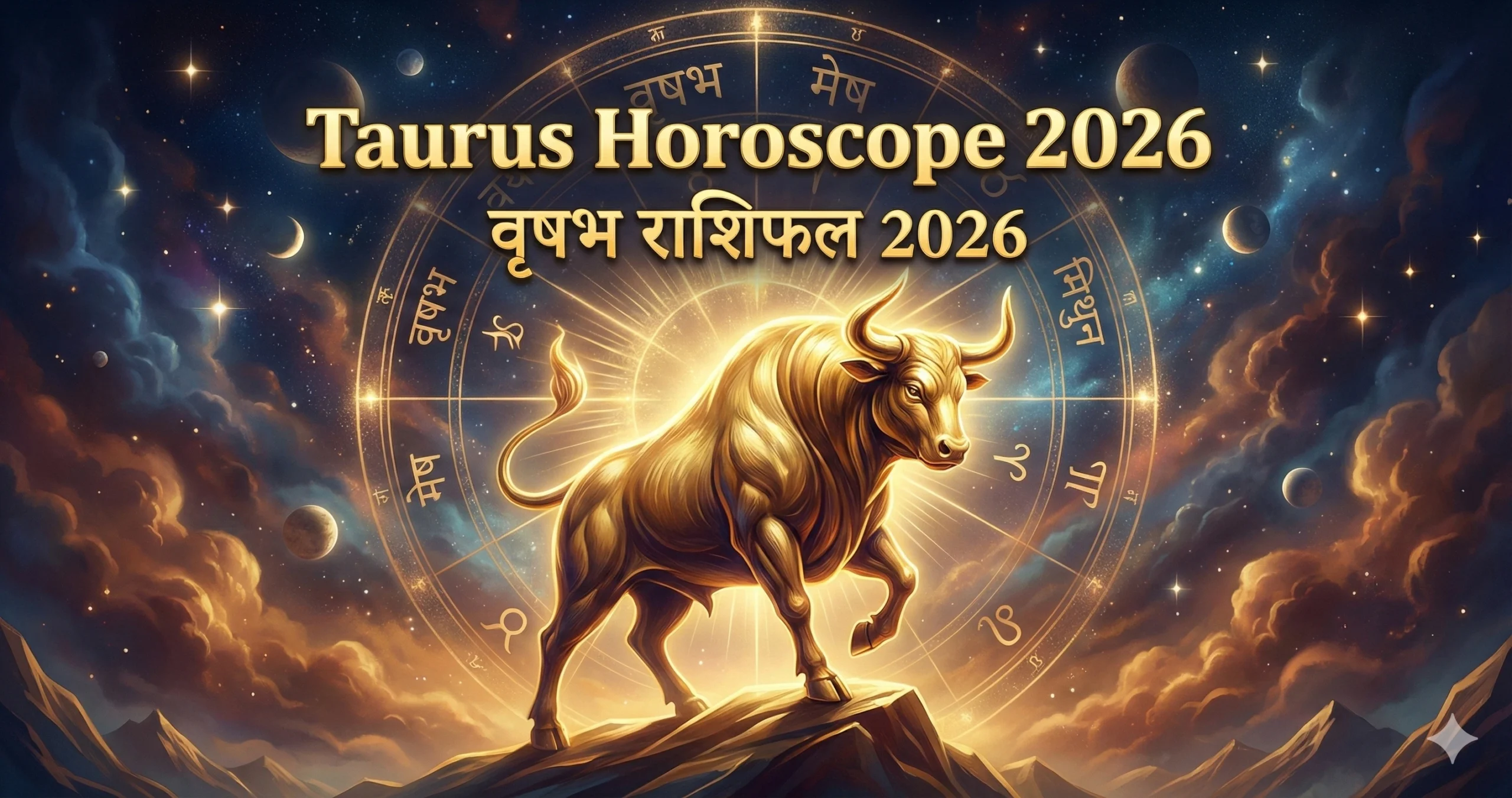 Taurus Horoscope 2026 featured image showing golden bull zodiac symbol with cosmic astrology background