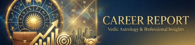Career report astrology banner featuring kundli chart, zodiac signs, and career-related icons