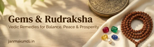 Astrology gemstones and Rudraksha beads banner for spiritual remedies