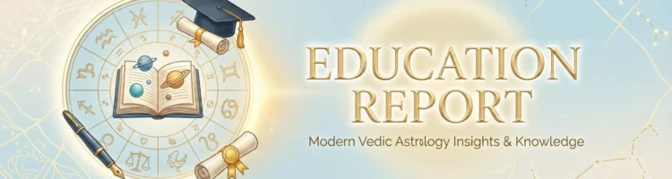 Education report astrology banner featuring kundli chart, zodiac signs, and academic icons