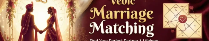 Vedic Marriage Matching advertisement banner featuring a silhouette of a bride and groom in traditional attire holding hands under a floral archway with astrological symbols and rings. The right side displays two North Indian style horoscope charts (Kundalis) and a heart. Text reads "Vedic Marriage Matching" in large gold font, followed by "Find Your Perfect Partner & Lifelong Happiness. Horoscope Compatibility." A "Book Now" button is at the bottom right. The background is rich maroon and gold fabric with string lights and mandala patterns.