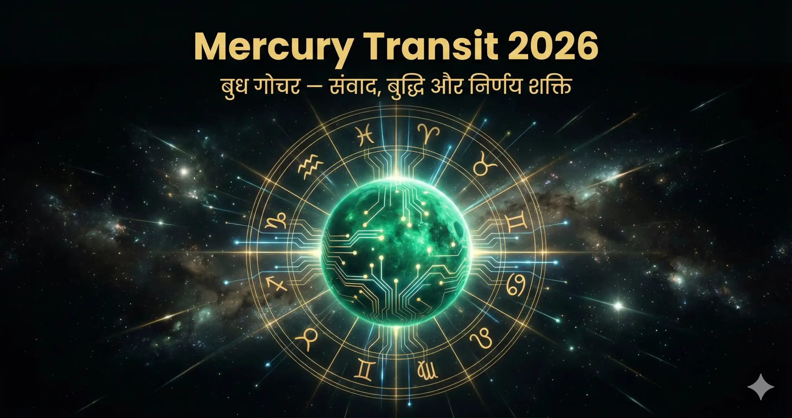 Mercury Transit 2026 featured image — बुध ग्रह, zodiac wheel और communication energy का visual representation