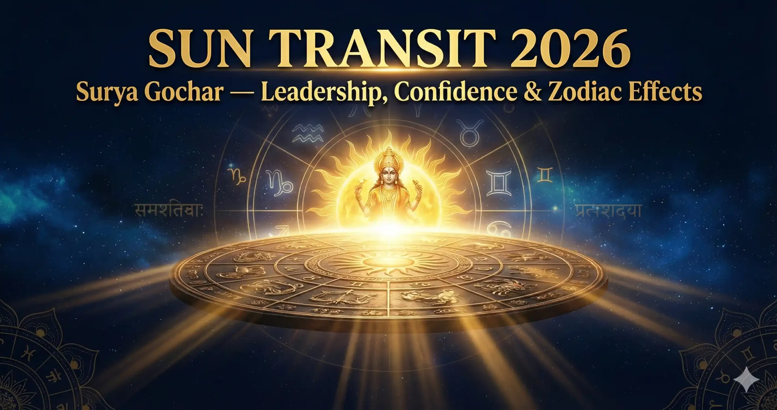 Sun Transit 2026 featured image — glowing Surya with zodiac wheel and cosmic golden light.