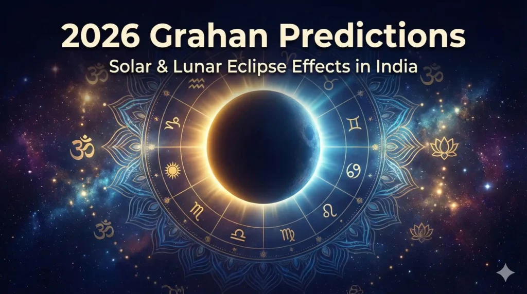 2026 Grahan Predictions featured image showing Solar and Lunar Eclipse effects in India