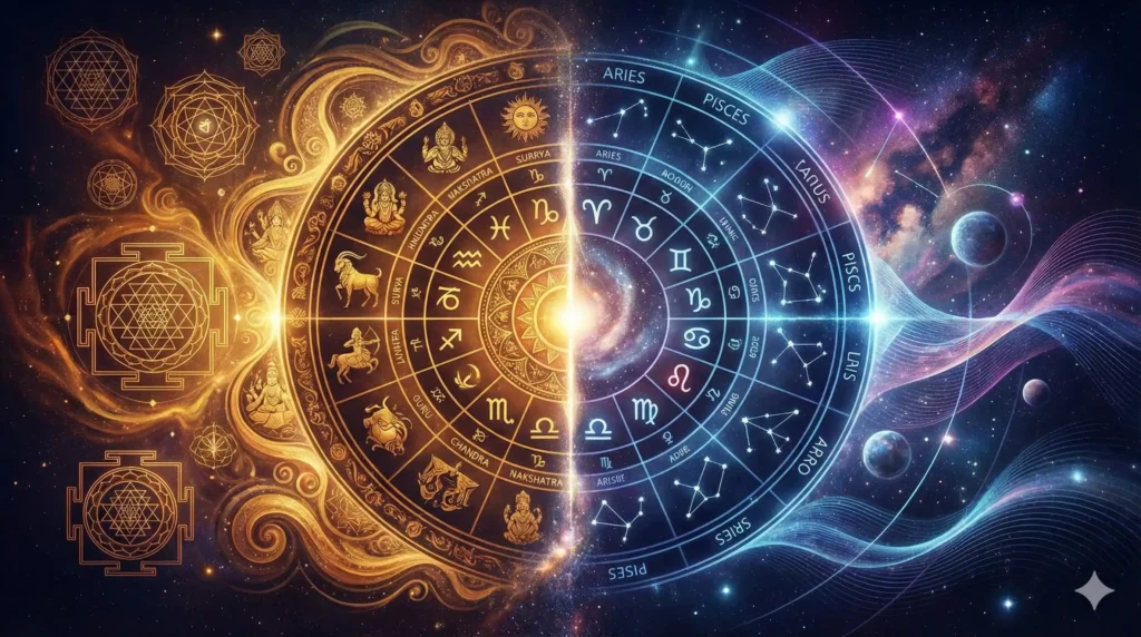 Vedic vs Western Astrology comparison image showing differences between Indian and Western astrology systems