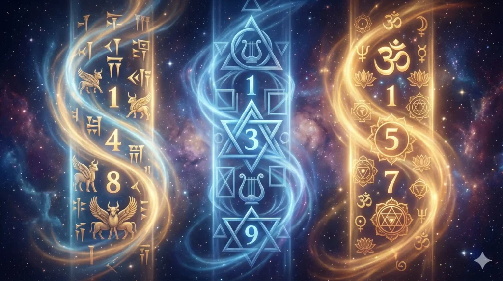 अंक ज्योतिष के प्रकार दर्शाती छवि जिसमें Chaldean, Pythagorean और Vedic Numerology की झलक दिखाई गई है