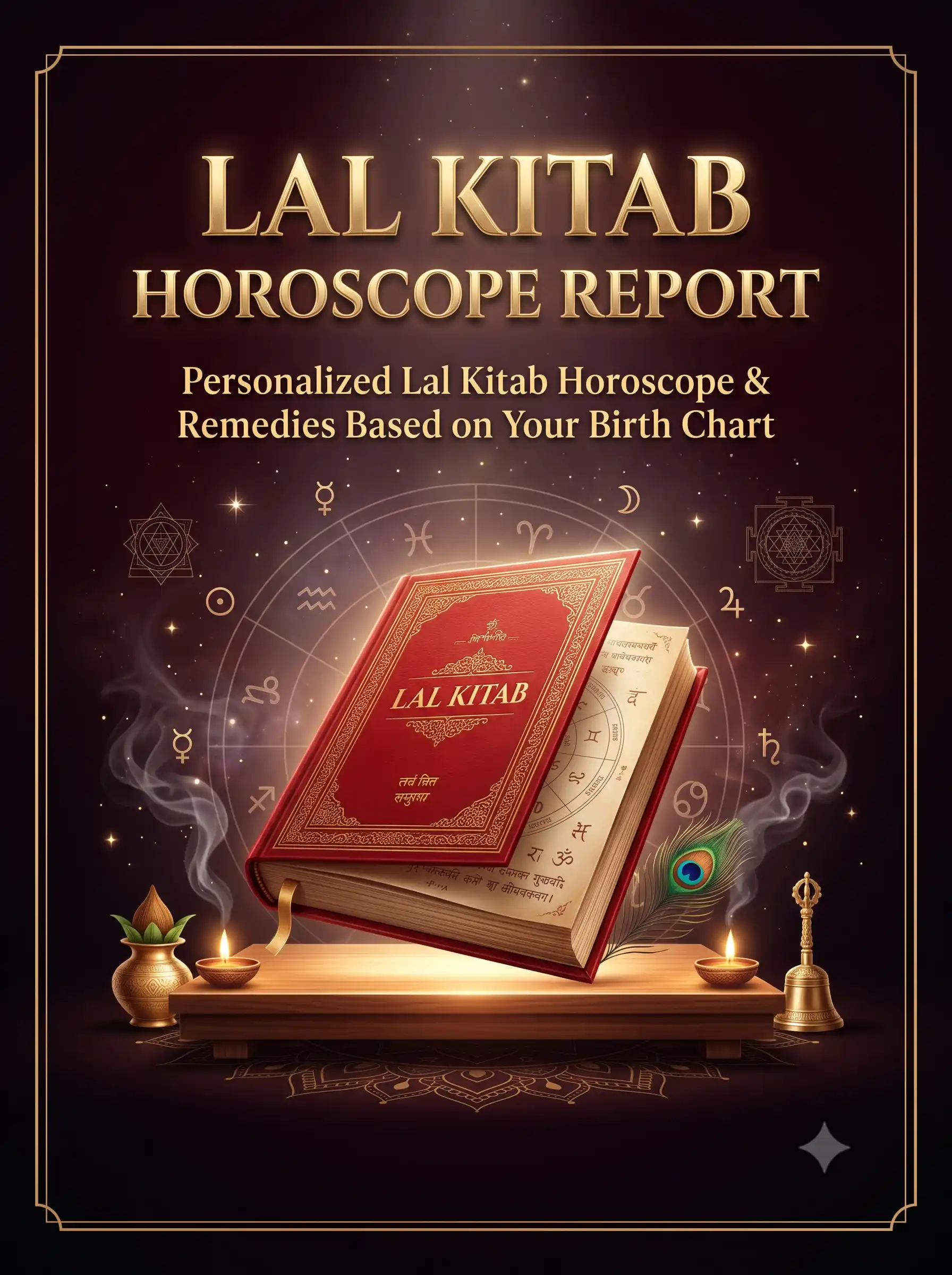 Premium Lal Kitab Horoscope Report banner with sacred Lal Kitab, zodiac wheel, and Vedic astrology remedies.