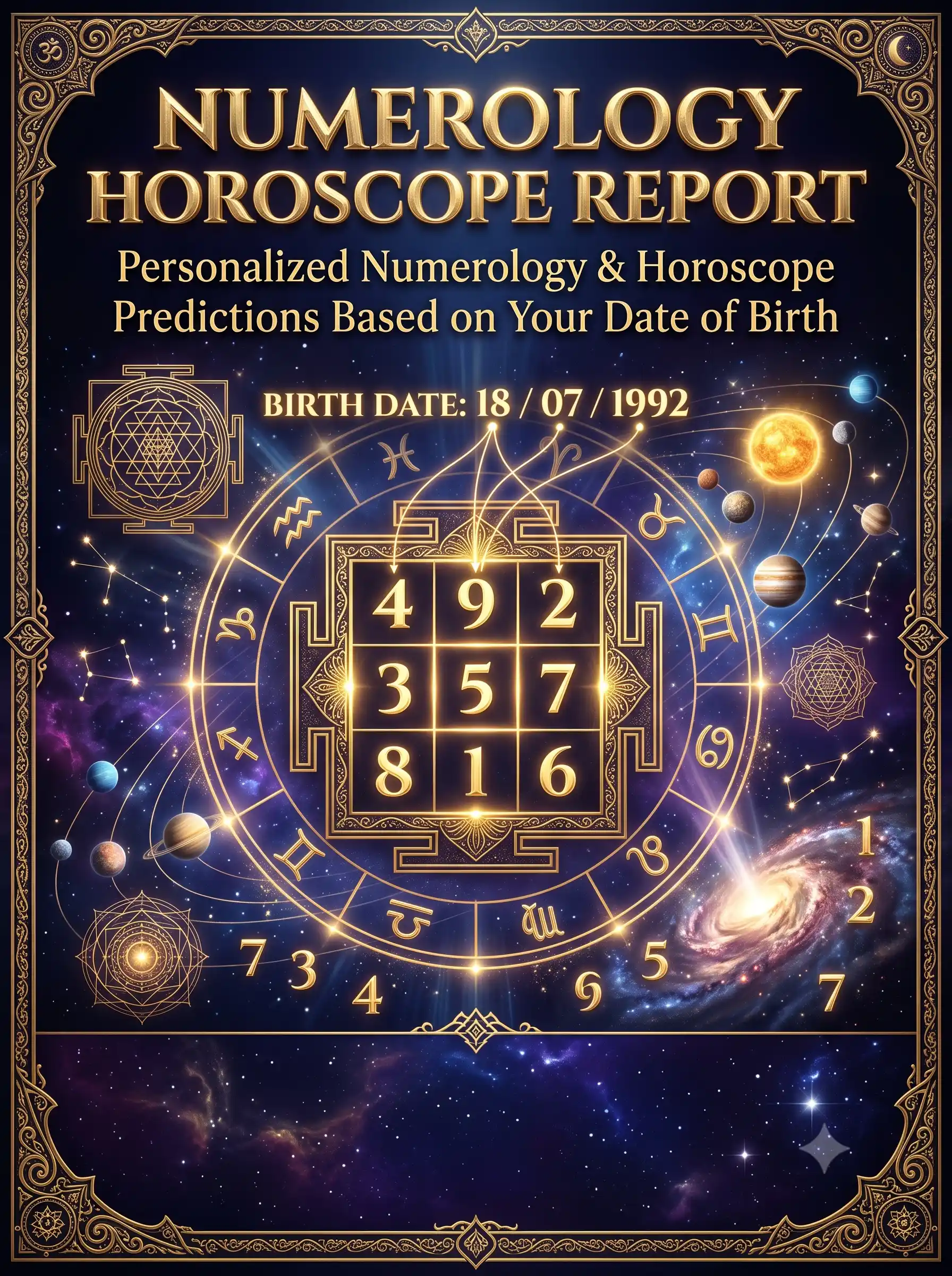 Personalized Numerology and Horoscope Report based on date of birth with Lo Shu Magic Square and zodiac wheel.