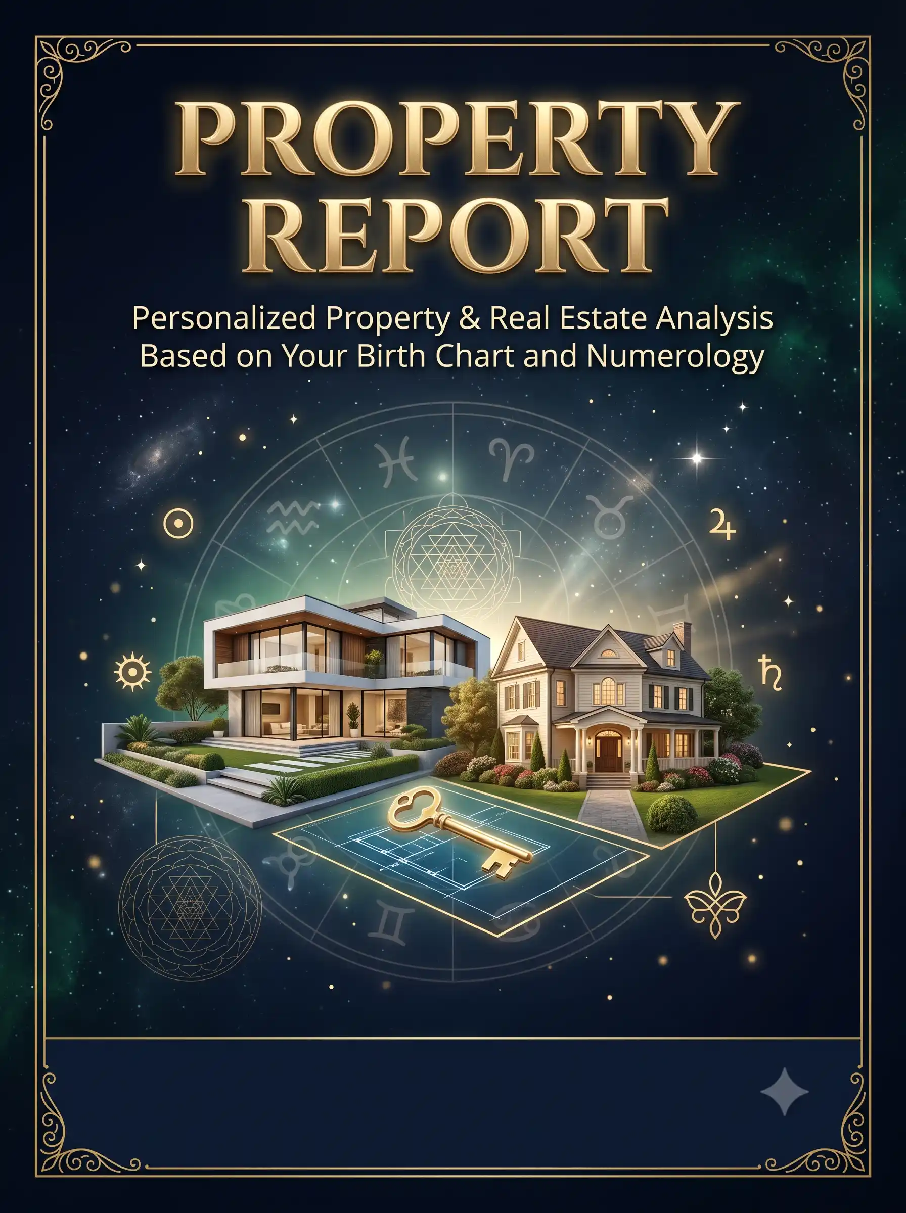 Premium Property Report banner with luxury villa, house, property blueprint, and Vedic astrology analysis.