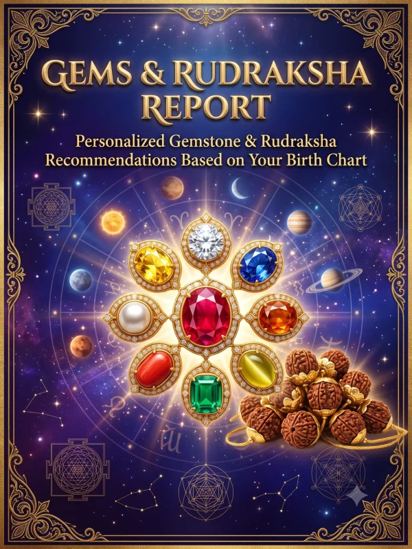 Gems & rudraksh report image banner Gems & Rudraksha Report with Navratna gemstones and sacred Rudraksha for Vedic astrology remedies.
